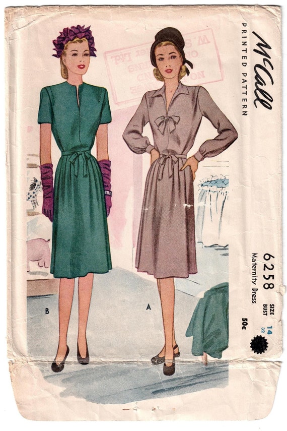 1940s Maternity Dress With Slit Neckline and Tie Front, Bust 32 | Vintage  Unprinted Sewing Pattern | Mccall 6258 - Etsy