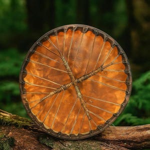 May include: A round, handcrafted drum with a natural leather drumhead. The drumhead is a warm, earthy brown, stretched over a dark brown frame. The drum is decorated with a cross-shaped design made of natural fibers.