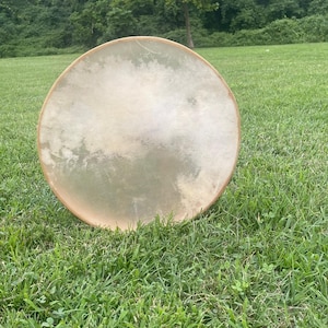 May include: A round, light brown wooden frame drum with a white, natural skin head. The drum is sitting on a bed of green grass.