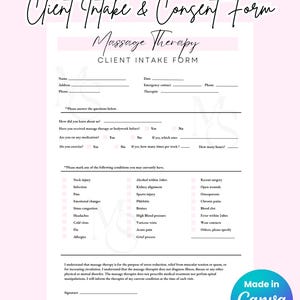 Può includere: Un modulo di intake e consenso per la terapia di massaggio, in rosa e bianco. Il modulo include sezioni per le informazioni del cliente, la storia medica e il consenso. Il modulo è intitolato "Massage Therapy Client Intake Form".