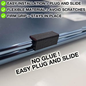 May include: A close-up of a black phone case being fitted onto a blue phone. The case is designed to be easy to install and remove, with no glue required. The text "NO GLUE! EASY PLUG AND SLIDE" is visible in the image.