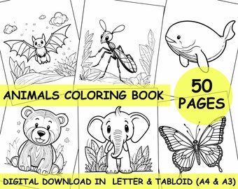 Animals coloring book for your child’s creativity – 50 pages – digital download in both Letter (A4) and Tabloid (A3) sizes