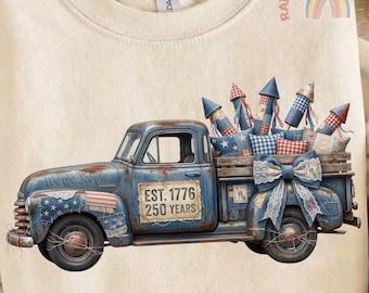 USA 250th Anniversary PNG, Shabby Chic Vintage Truck Sublimation, Patriotic Denim Lace Bow DTF, 1776-2026 Patchwork Truck, 4th of July