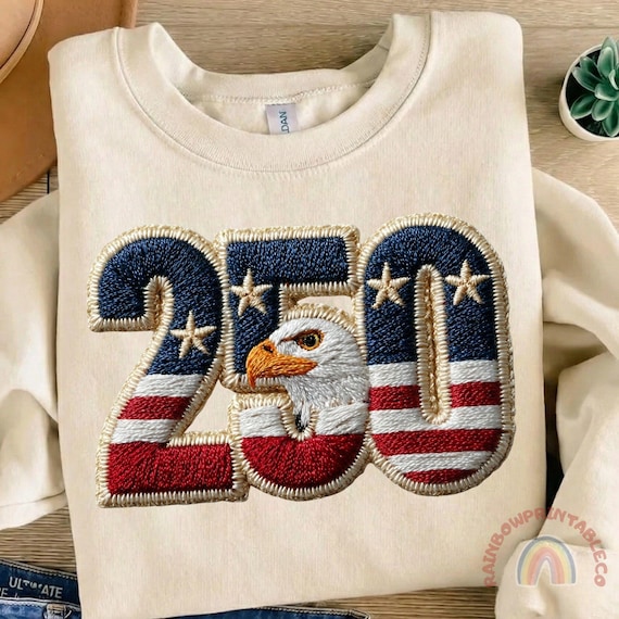 Faux Embroidery 250 PNG, USA 250th Anniversary Sublimation, Eagle Patch Design, American Flag Patriotic DTF, 1776-2026 Semiquincentennial