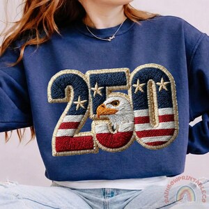 K&ouml;nnte beinhalten: Marineblaues Sweatshirt mit einem gestickten Design. Das Design zeigt die Zahl "250", einen Adler und die Farben der amerikanischen Flagge. Es enth&auml;lt rote und wei&szlig;e Streifen, Blau mit wei&szlig;en Sternen und einen Adlerkopf.