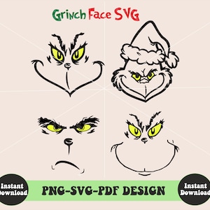 Könnte beinhalten: Vier Schwarzweiß-Illustrationen des Gesichts des Grinch. Der Grinch trägt in einer Illustration einen Weihnachtsmann-Hut. Der Text "Grinch Face SVG" befindet sich oben im Bild. Der Text "PNG-SVG-PDF DESIGN" befindet sich in der Mitte des Bildes. Der Text "Sofort-Download" befindet sich in einem Kreis unten links und unten rechts im Bild.