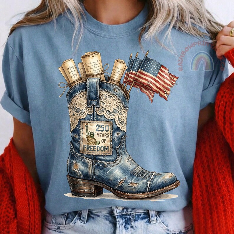 May include: A light blue t-shirt featuring a distressed denim cowboy boot graphic. The boot is adorned with lace, scrolls, and American flags, and the text reads "250 Years of Freedom".