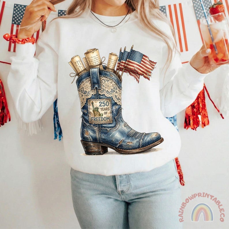 May include: White sweatshirt featuring a graphic of a blue cowboy boot with lace detailing, scrolls, and American flags. The boot has the text "250 Years of Freedom". The design is patriotic and celebrates American heritage.