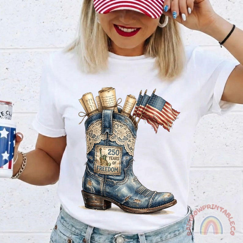 May include: White t-shirt featuring a distressed blue cowboy boot graphic. The boot is filled with rolled scrolls and American flags. The boot has a patch that reads "250 Years of Freedom".