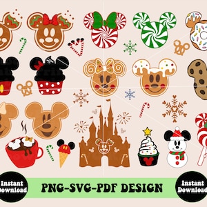 Può includere: Un set di 16 file di taglio SVG a tema natalizio con i personaggi di Topolino e Minnie Mouse. I design includono biscotti di pan di zenzero, bastoncini di zucchero, fiocchi di neve, un pupazzo di neve, una tazza di cioccolata calda, un albero di Natale e un castello. I design sono perfetti per creare artigianato festivo, decorazioni e regali.