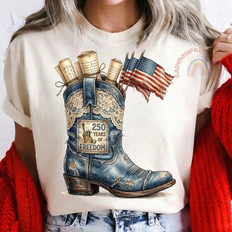 May include: A cream-colored t-shirt featuring a distressed blue cowboy boot design. The boot is adorned with lace, scrolls, and American flags, with the text "250 Years of Freedom" on a patch. The design celebrates American heritage.