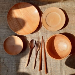 Rustic Wooden Dinnerware Set 7 pcs Handmade Minimalist-Dining Table-Housewarming Gift-Home living-Kitchen set