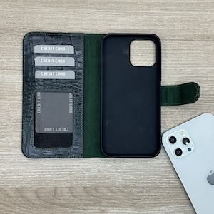 Étui portefeuille en cuir à motif croco, Étui porte-cartes vert foncé pour cartes de crédit, Étui pour iPhone 14, 13, 12, 11 Pro, Max, Plus, Étui pour portable de luxe
