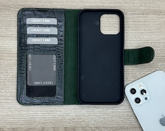 Crocco Pattern Leather Wallet Phone Cover, Dark Green Credit Card Phone Case,  iPhone 14, 13, 12, 11 Pro, Max, Plus Case, Luxury Phone case
