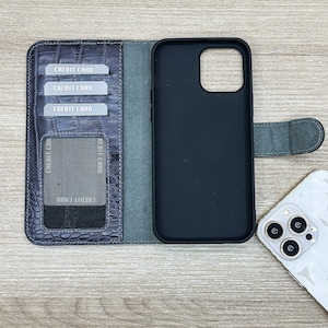 Custodia per telefono a portafoglio in pelle coccodrillo, cover per telefono con carta di credito grigio scuro, custodia per iPhone 14, 13, 12, 11 Pro / Max / plus, custodia per telefono porta banconote