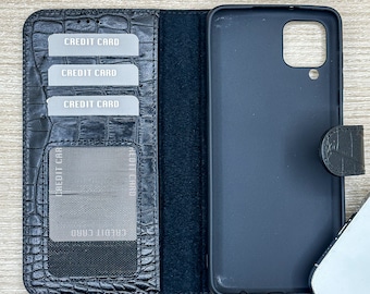 Personalized Black Leather Samsung Phone Wallet Case, A03, A13, A32, A52, A53, S22, A12, S23, S30, S21, FE/Utra/Plus Case
