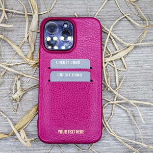 Housse de téléphone en cuir rose personnalisée, housse de téléphone de protection, étui iPhone 14, 13, 12, 11 Pro Max / Plus, mini étui avec support de carte de crédit