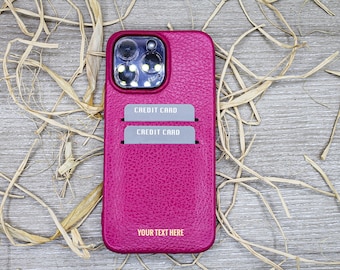 Personalized Pink Leather Phone Case, Protective Phone Cover, iPhone 14, 13, 12, 11 Pro Max / Plus Case, Mini Case with Credit Card Holder
