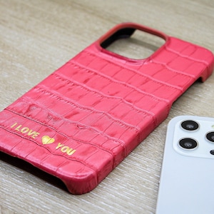 Custom Croco Pattern Pink Leather Phone Cover, iPhone 15, 14, 13, 12, 11 Pro Max / Plus Case, Luxury Phone Case, Phone Case For Christmas