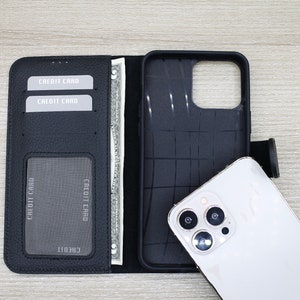 Capa tipo carteira com compartimentos para cartão e bolso para dinheiro, capa para cartão de crédito para iPhone, capa preta de couro flotter, capa para iPhone 14, 13, 12, 11 Pro Max
