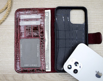 Personalized Burgundy Croco  Leather Phone Wallet Case, Credit Card Holder Case, iPhone 14, 13, 12, 11 Pro Max Case, Snap On Full Cover