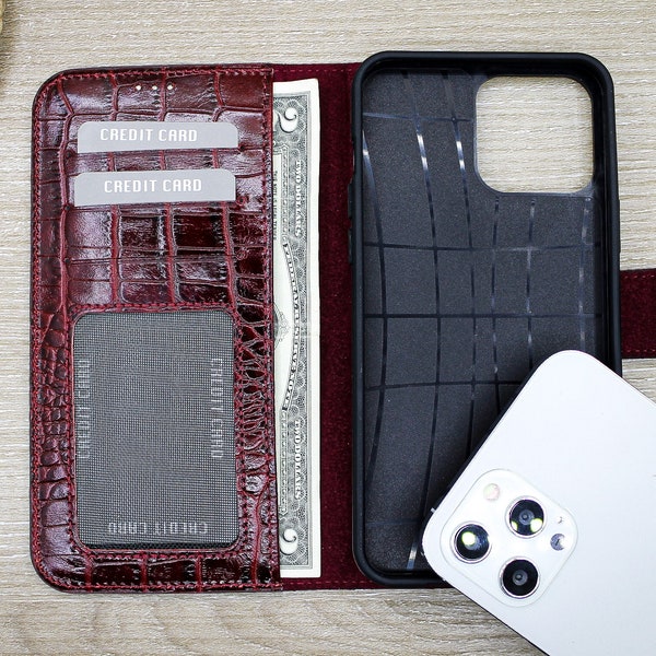 Personalized Burgundy Croco  Leather Phone Wallet Case, Credit Card Holder Case, iPhone 14, 13, 12, 11 Pro Max Case, Snap On Full Cover