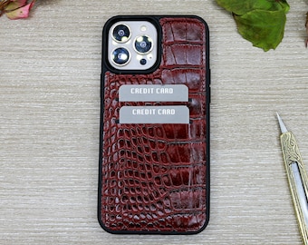 Personalized Croco Pattern Leather Phone Case, Burgundy Phone Cover, iPhone 15, 14, 13, 12, 11 Pro Max Case, Mini Case Credit Card Holder