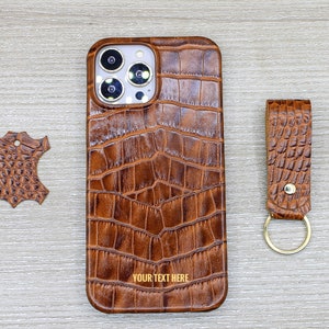 Personalized Croco Pattern Tan Leather Phone Cover, iPhone 15, 14, 13, 12, 11 Pro Max / Plus Case, Gift Leather Phone Case For Boyfriend