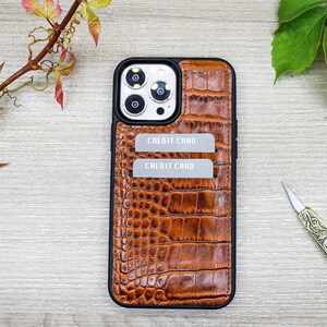 Tan Croco Pattern Custom iPhone Case Wiht Card Holder, iPhone 14, 13, 12, 11 Pro Max Case, Leather Aesthetic Phone Case