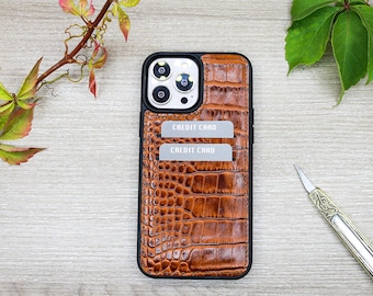 Tan Croco Pattern Custom iPhone Case Wiht Card Holder, iPhone 14, 13, 12, 11 Pro Max Case, Leather Aesthetic Phone Case