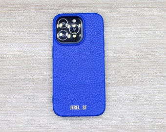 Protective Leather iPhone Cover, Blue Custom Phone Case, iPhone 14, 13, 12, 11 Pro Max / Plus Case, Personalized Phone case