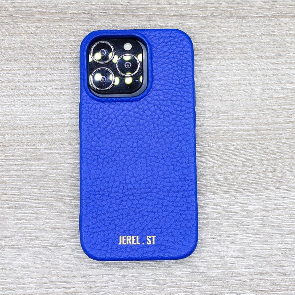 Protective Leather iPhone Cover, Blue Custom Phone Case, iPhone 14, 13, 12, 11 Pro Max / Plus Case, Personalized Phone case