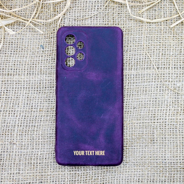 Personalized Full Grain Leather Phone Case, Purple Phone Cover, Samsung A32, A-03, A12, A13, A14, A52, A53, Ultra/Plus/Fe Phone Case