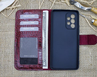 Personalized Burgundy Leather Wallet case, Samsung S22, S23, A52, A53, Note10, Note 20, A12, A13, A14, A71, A73 4/5g, Ultra/ Plus/ Fe Case