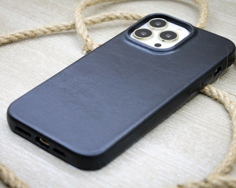 Full Grain Genuine Leather Phone Case, Black iPhone Cover, iPhone 14, 13, 12, 11 Pro Max Case, Snap On Full Cover, Custom iPhone Case