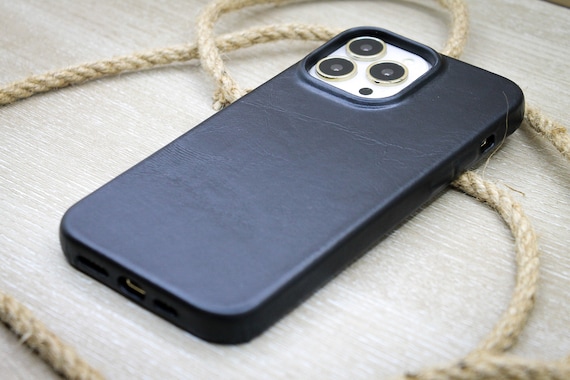Full Grain Genuine Leather Phone Case, Black iPhone Cover, iPhone 14, 13, 12, 11 Pro Max Case, Snap On Full Cover, Custom iPhone Case