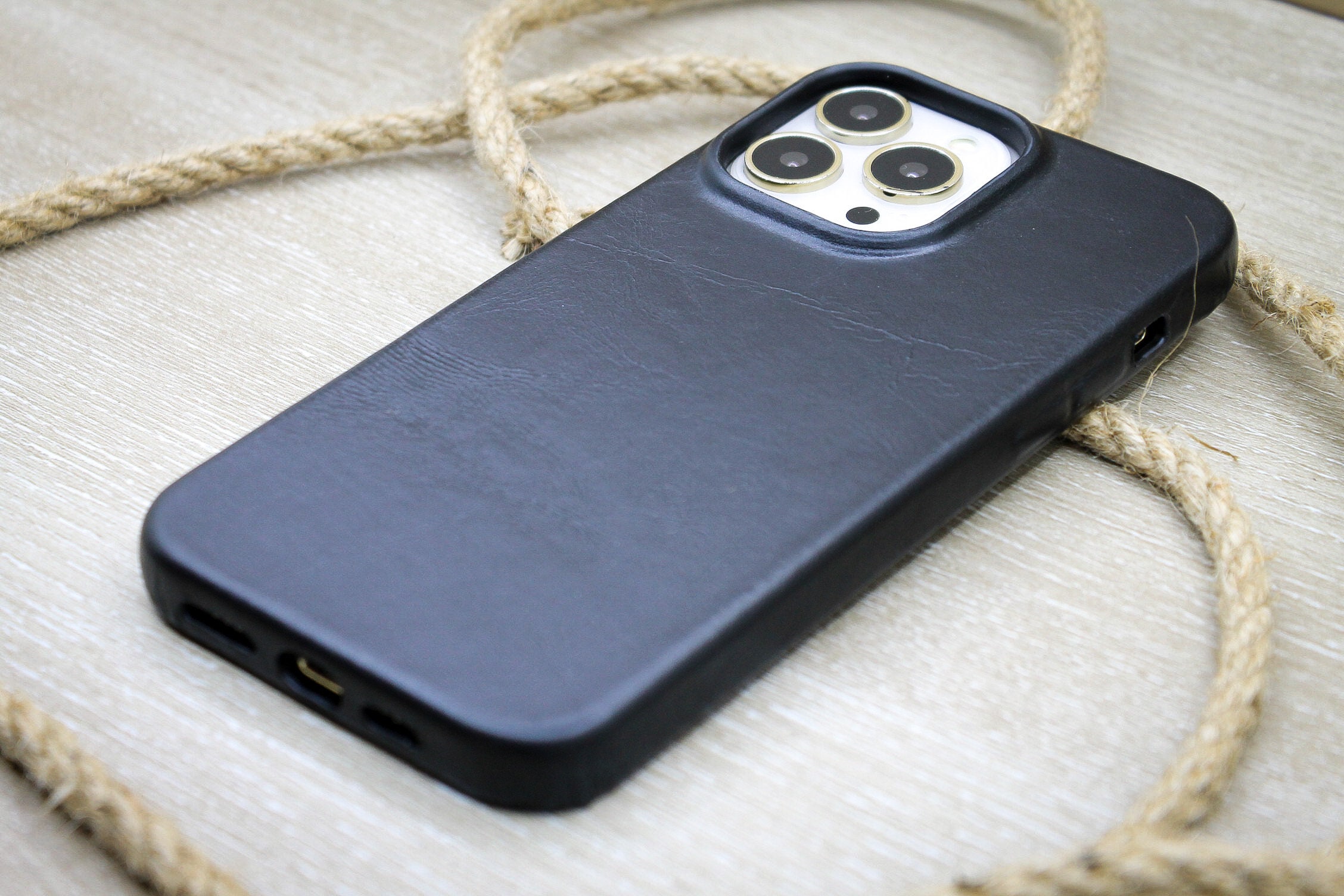 Full Grain Genuine Leather Phone Case, Black iPhone Cover, iPhone 14, 13, 12, 11 Pro Max Case, Snap On Full Cover, Custom iPhone Case