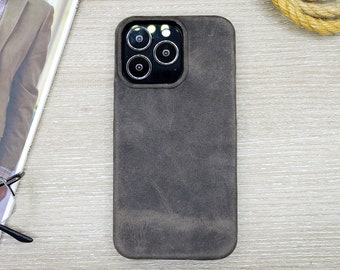 Full Grain Leather Phone Case, Grey Phone Cover, iPhone 15, 14, 13, 12, 11 Pro Max Case, Custom Printed Leather Cell Phone Case