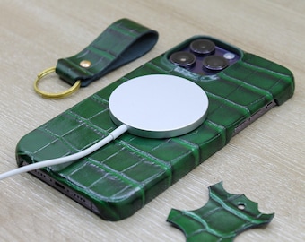 MagSafe Croco Pattern Leather Phone Cover, Light Green iPhone case, iPhone 15, 14, 13, 12, 11 Pro Max Case Plus, Personalized Phone Cover
