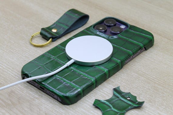 MagSafe Croco Pattern Leather Phone Cover, Light Green iPhone case, iPhone 15, 14, 13, 12, 11 Pro Max Case Plus, Personalized Phone Cover