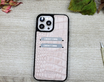 Beige Croco Pattern Custom Phone Case With Card Holder, iPhone 15, 14, 13, 12, 11 Pro Max Case, Personalized Phone Wallet Case