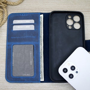 Brieftasche aus Vollnarbenleder, blaue Kreditkartenhülle, iPhone 14, 13, 12, 11 Pro Max Hülle, Banknotenhalter Handyhülle
