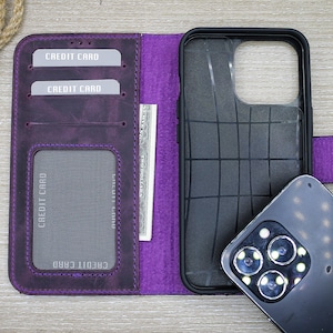 Étui de téléphone portefeuille en cuir grainé, étui de téléphone pour carte de crédit violet, étui pour iPhone 14, 13, 12, 11 Pro Max