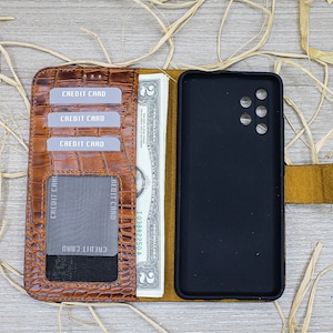 Funda tipo cartera de piel marrón con estampado de cocodrilo, funda para tarjetas de crédito, compatible con Samsung A52, A53, S22 ultra, A12, M12, A03, A13 y A32.