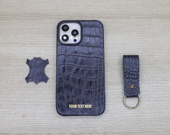 Funda personalizada para iPhone 15, 14, 13, 12, 11 Pro Max/Plus, de piel gris con estampado de cocodrilo. Funda de lujo para Navidad.
