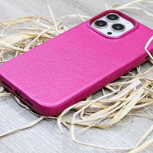 Personalized Genuine Leather Pink Phone  Cover, iPhone 14, 13, 12, 11 Pro Max / Plus  Case, Protective Phone Case, Valentine&#39;s Day Gift