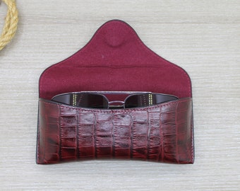 Croco pattern leather burgundy glasses case, Soft glasses case with magnetic button, Minimalist leather sunglasses case