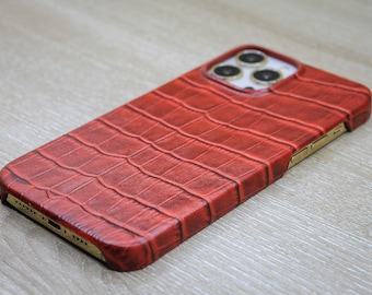Personalized Luxury Croco Pattern Red Leather Phone Case, iPhone 15, 14, 13, 12, 11 Pro Max / Plus Case, Leather Phone Case For Christmas