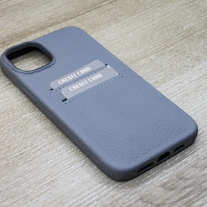 Custodia per telefono in pelle grigia Flotter personalizzata, cover per telefono di lusso, custodia per iPhone 14, 13, 12, 11 Pro / Max / Plus, con porta carte di credito