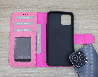 Etui portfelowe z przegródkami na karty i kieszonką na gotówkę, etui na kartę kredytową iPhone'a, skórzane różowe etui na telefon, etui na iPhone'a 14, 13, 12, 11 Pro / Max / Plus